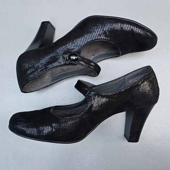 MaryJane Pumps Aerosoles Role Through Size 8.5 Black Shimmer Reptile Scale Heels - Picture 12 of 12